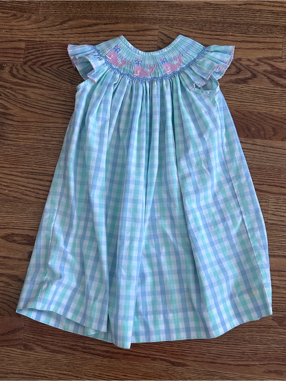 Girls Light Blue Gingham Smocked Dress with Pink Whale Embroidery